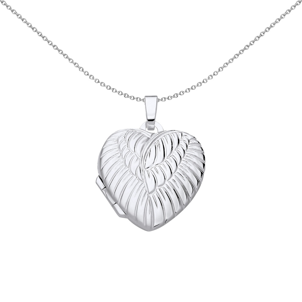 Jewelco London Ladies Rhodium Plated Sterling Silver Engraved Angel Wings Love Heart Locket Pendant Necklace - LK71