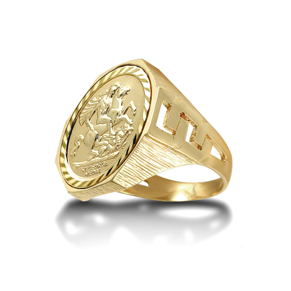 (T) Jewelco London Men's Solid 9ct Gold Curb Links Octagon St George & Dragon Medallion Ring (Half Sov Size) - JRN181-H-SG
