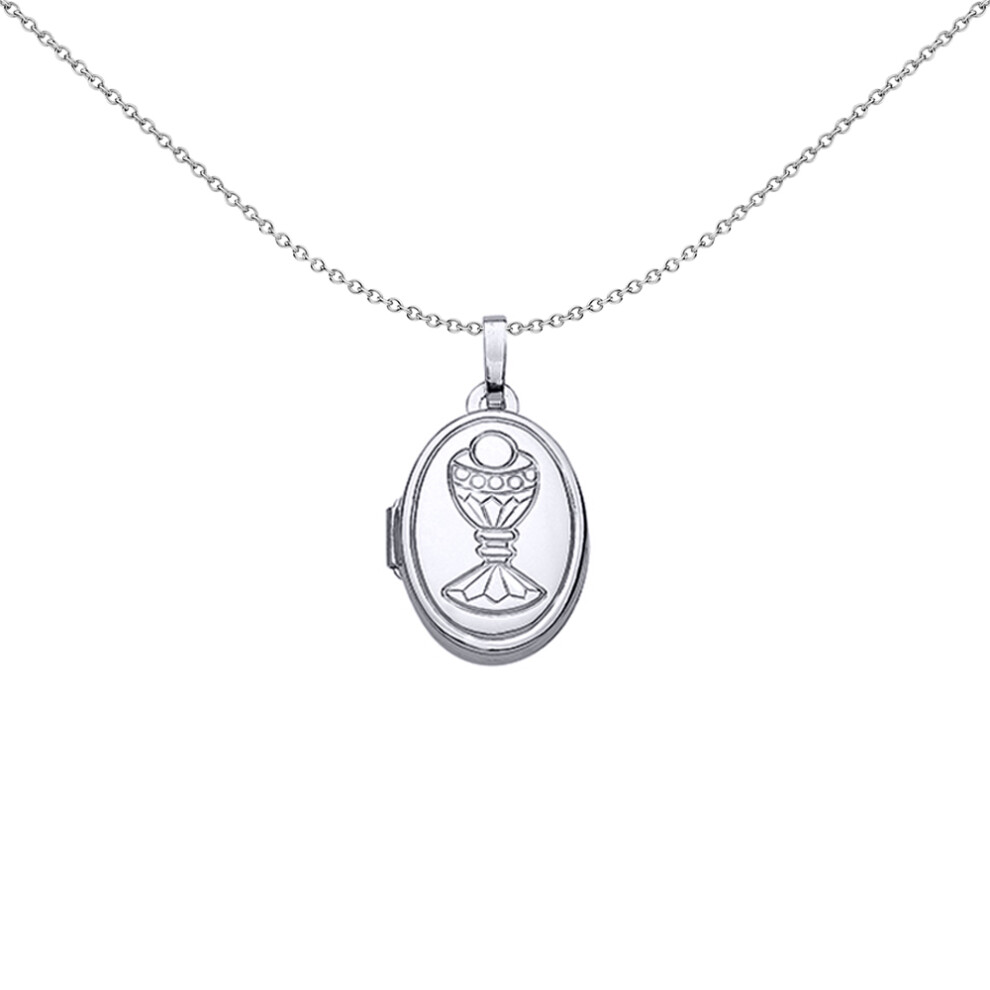Jewelco London Ladies Rhodium Plated Sterling Silver Oval Eucharist Chalice First Communion Locket Necklace 18 inch - LK34