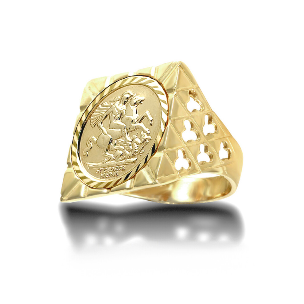 (P) Jewelco London Men's Solid 9ct Gold Clubs Clovers Square Top St George & Dragon Medallion Ring (Half Sov Size) - JRN178-H-SG