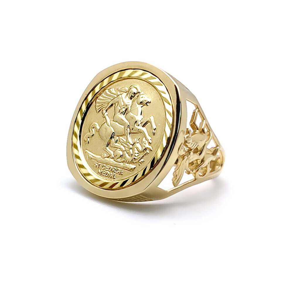 (R) Jewelco London Men's Solid 9ct Gold Dragon Slayer St George & Dragon Medallion Ring (Full Sov Size) - JRN176-F-SG