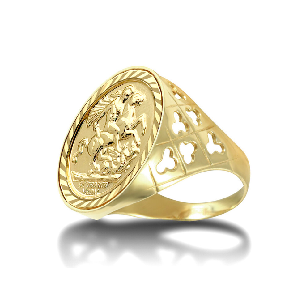 (W) Jewelco London Men's Solid 9ct Gold Clubs Clovers St George & Dragon Medallion Ring (Full Sov Size) - JRN177-F-SG