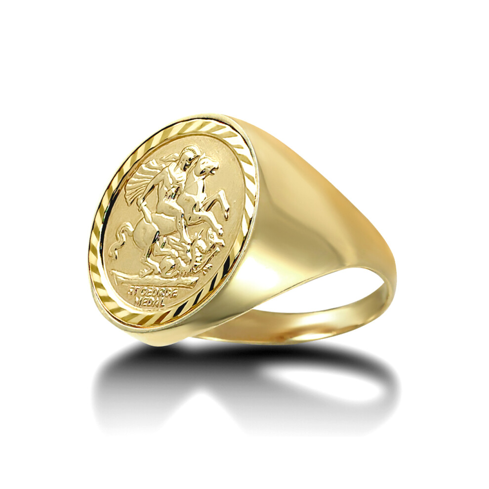 (L) Jewelco London Men's Solid 9ct Gold Domed Polished St George & Dragon Medallion Ring (Half Sov Size) - JRN172-H-SG