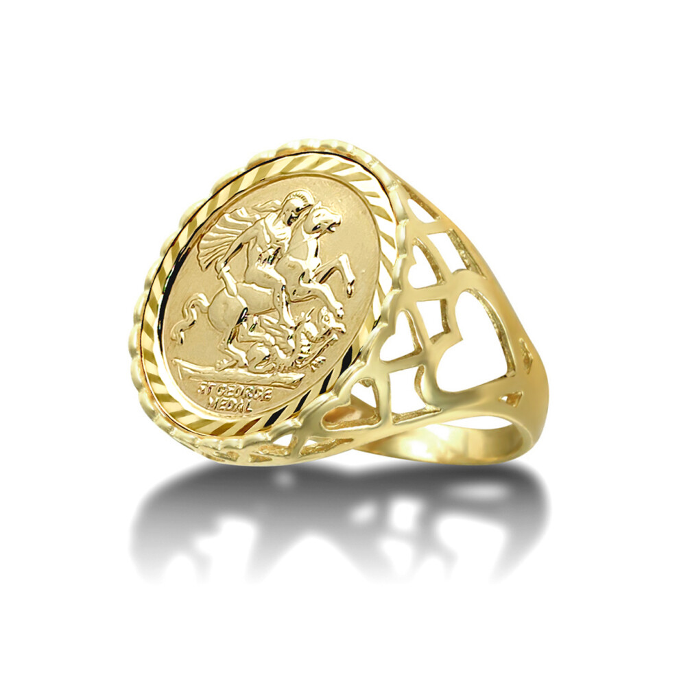 (Q) Jewelco London Men's Solid 9ct Gold Love Hearts St George & Dragon Medallion Ring (Half Sov Size) - JRN171-H-SG