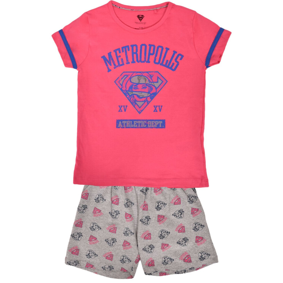 (Dark Pink - Grey, 6 - 8 Years) Girls Pyjamas Shorts Set Nightwear Summer T-shirt