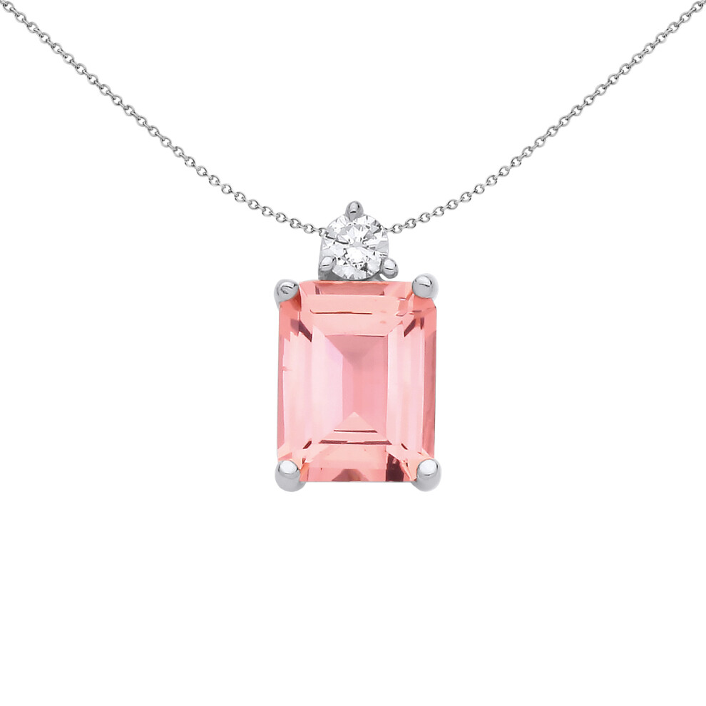 Jewelco London Sterling Silver Peach Emerald CZ Princess Tiara Top Solitaire Toi et Moi Pendant Necklace 18 inch - GVP675