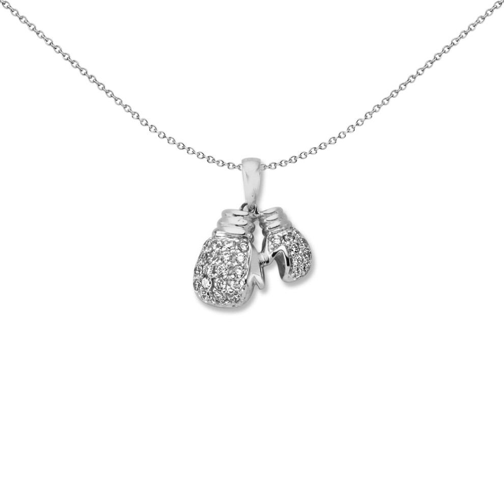Jewelco London Mens Rhodium Plated Sterling Silver CZ Pair of MMA Sparring Boxing Gloves Pendant Necklace 18 inch - GVP635