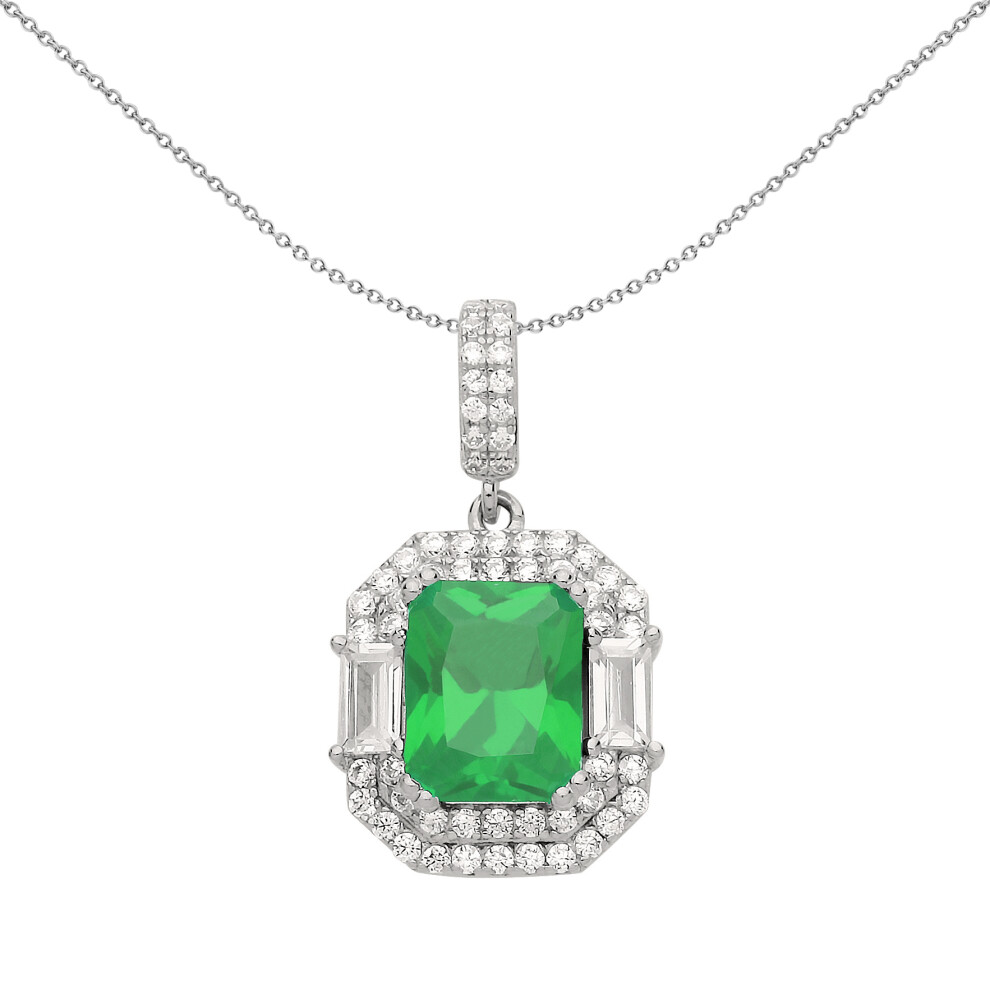 Jewelco London Ladies Sterling Silver Green Radiant Baguette CZ Octagon Amphitheatre Pendant Necklace 18 inch - GVP479EM
