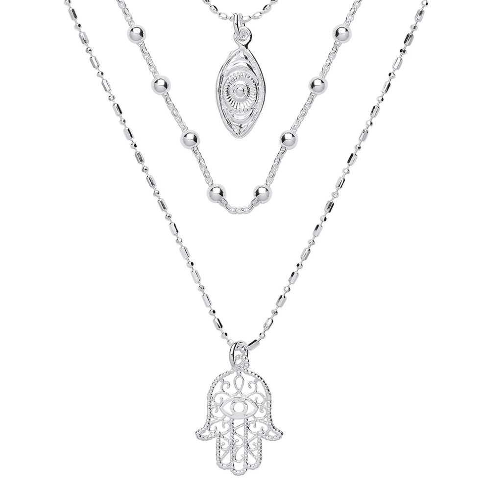 Jewelco London Ladies Sterling Silver Hamsa & Anti Evil Eye Bead Necklace 16 inch - GVK293