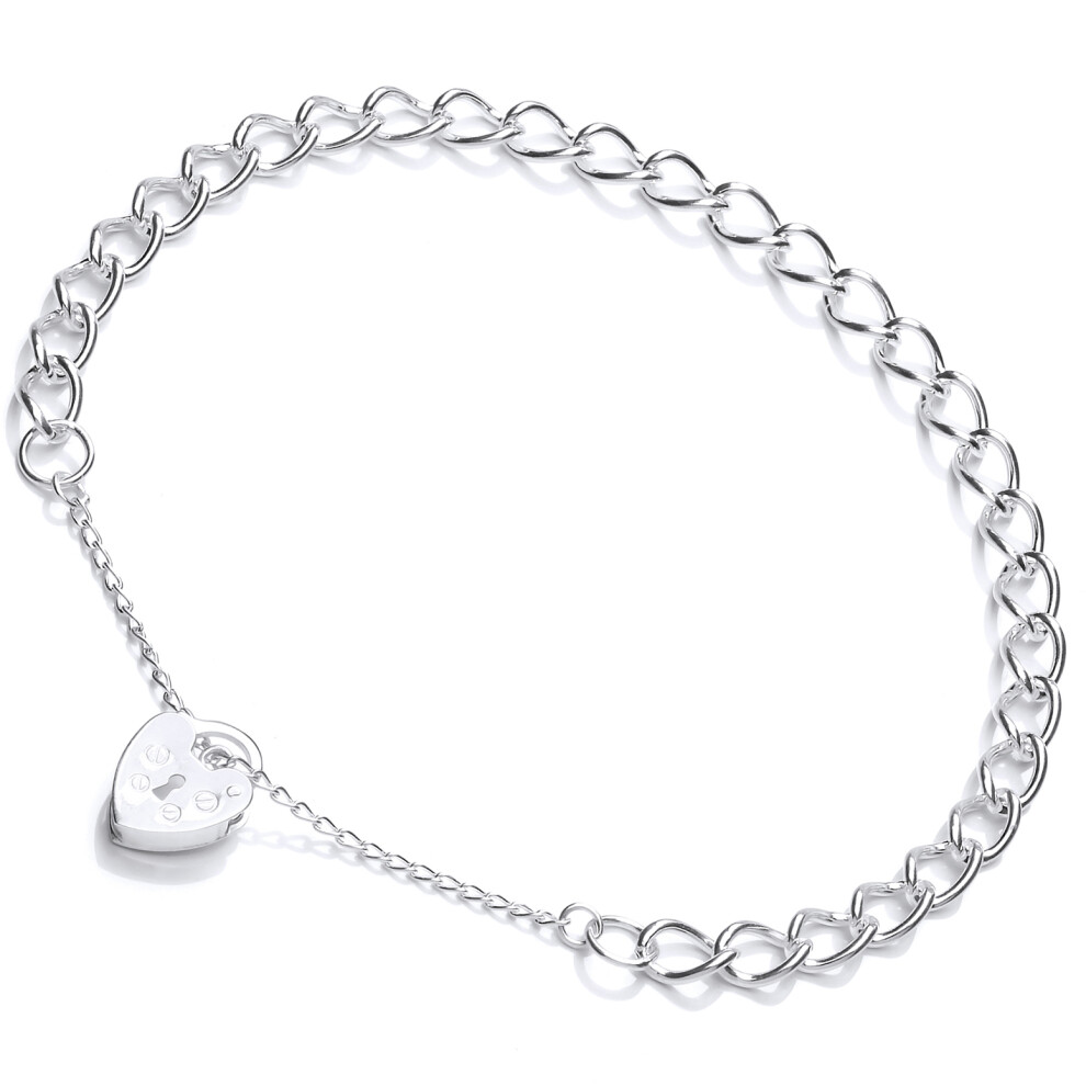 Jewelco London Ladies Sterling Silver Curb Link Love Heart Padlock Charm Bracelet 5mm 10 inch - GVB411