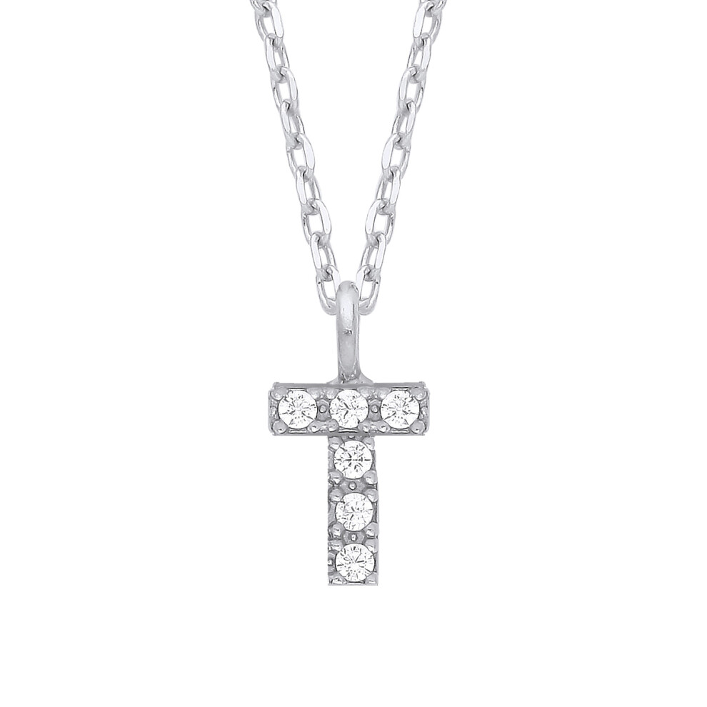 Jewelco London Ladies Rhodium Plated Sterling Silver Encrusted Mini Initial Pendant Necklace 16 + 1 inch - GIN6T