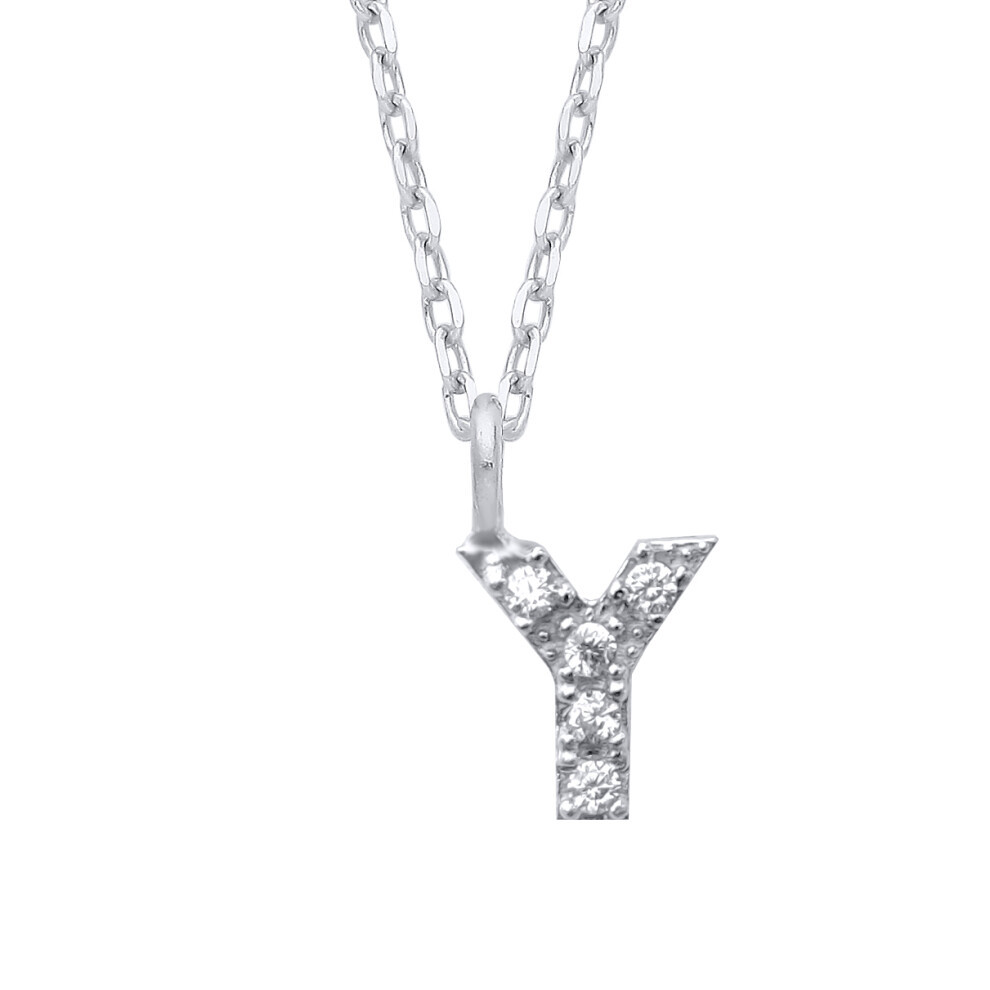 Jewelco London Ladies Rhodium Plated Sterling Silver Encrusted Mini Initial Pendant Necklace 16 + 1 inch - GIN6Y