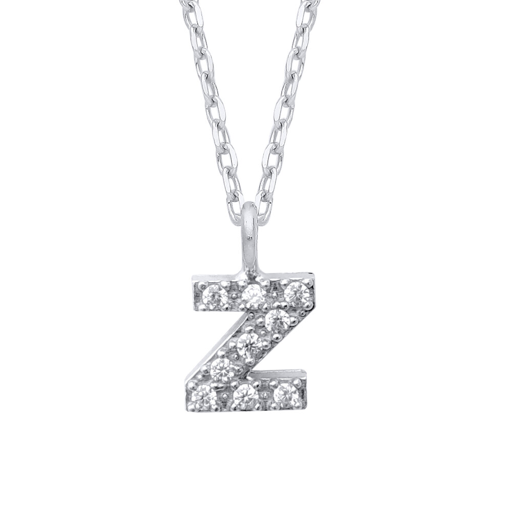Jewelco London Ladies Rhodium Plated Sterling Silver Encrusted Mini Initial Pendant Necklace 16 + 1 inch - GIN6Z