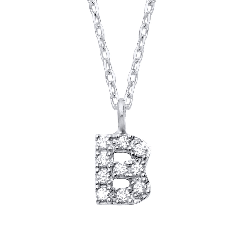 Jewelco London Ladies Rhodium Plated Sterling Silver Encrusted Mini Initial Pendant Necklace 16 + 1 inch - GIN6B