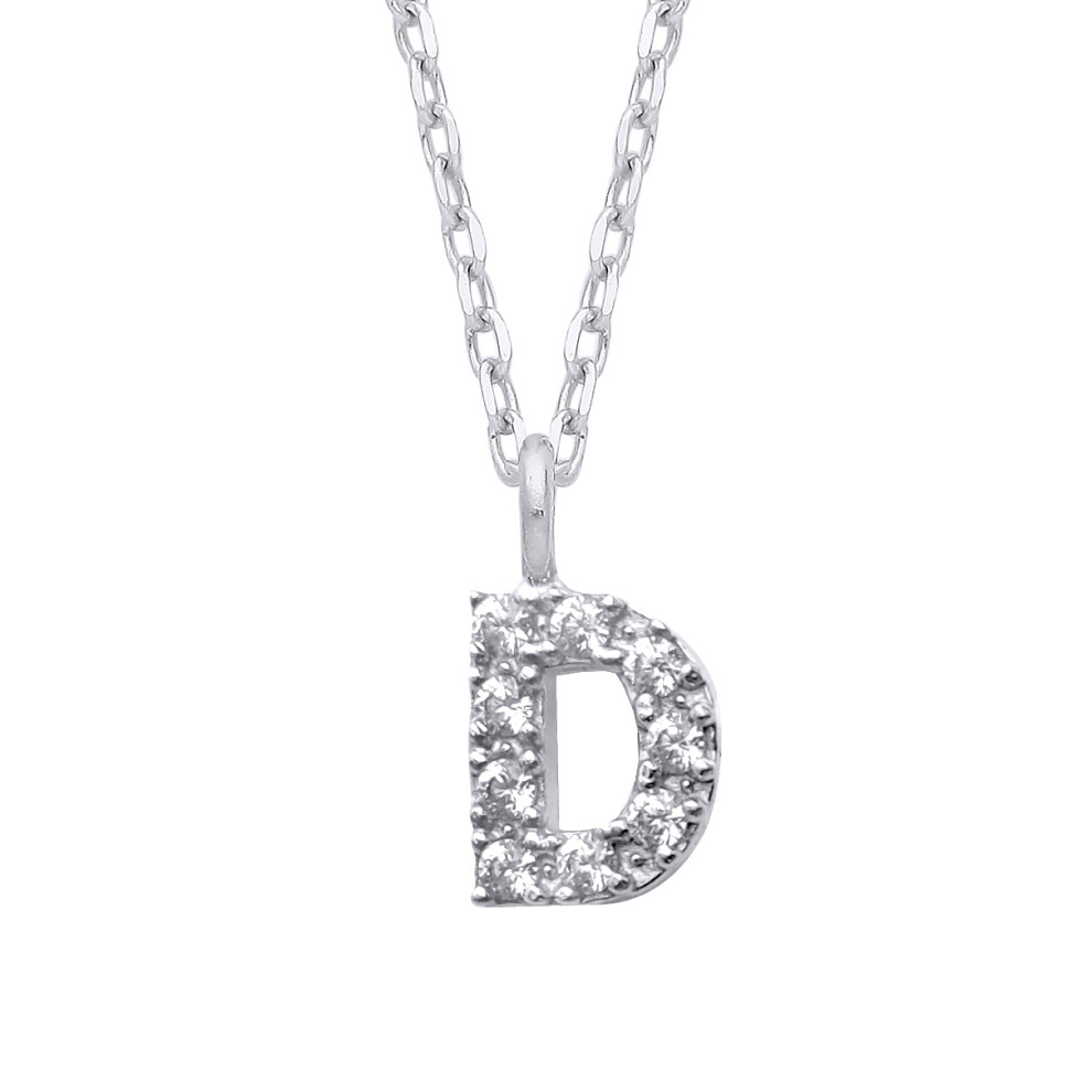 Jewelco London Ladies Rhodium Plated Sterling Silver Encrusted Mini Initial Pendant Necklace 16 + 1 inch - GIN6D
