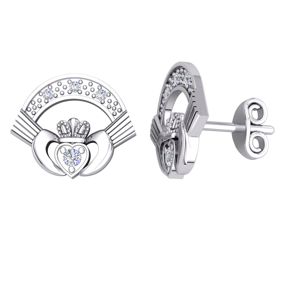Jewelco London Ladies Platinum Plated Sterling Silver CZ Fanned Claddagh Cluster Stud Earrings - EAG1186