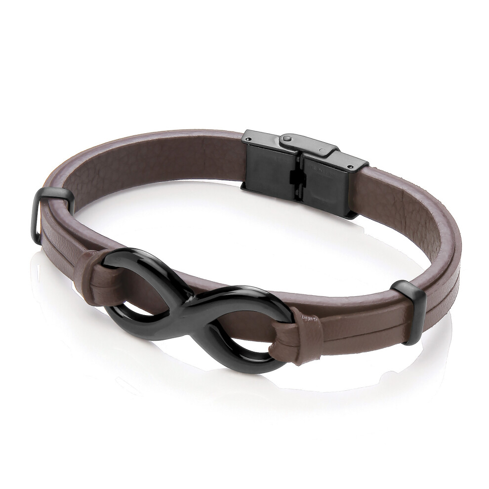 Jewelco London Mens Chocolate Brown Leather Stainless Steel 18mm Infinity Symbol 8 Strap Bracelet 9mm 8 inch - BRC201BRN