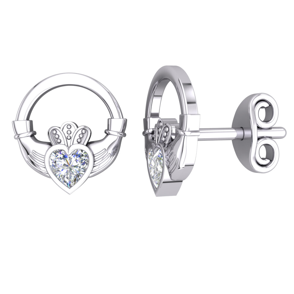 Jewelco London Ladies Platinum Plated Sterling Silver Heart CZ Love Heart Claddagh Crown Solitaire Stud Earrings - EAG1185