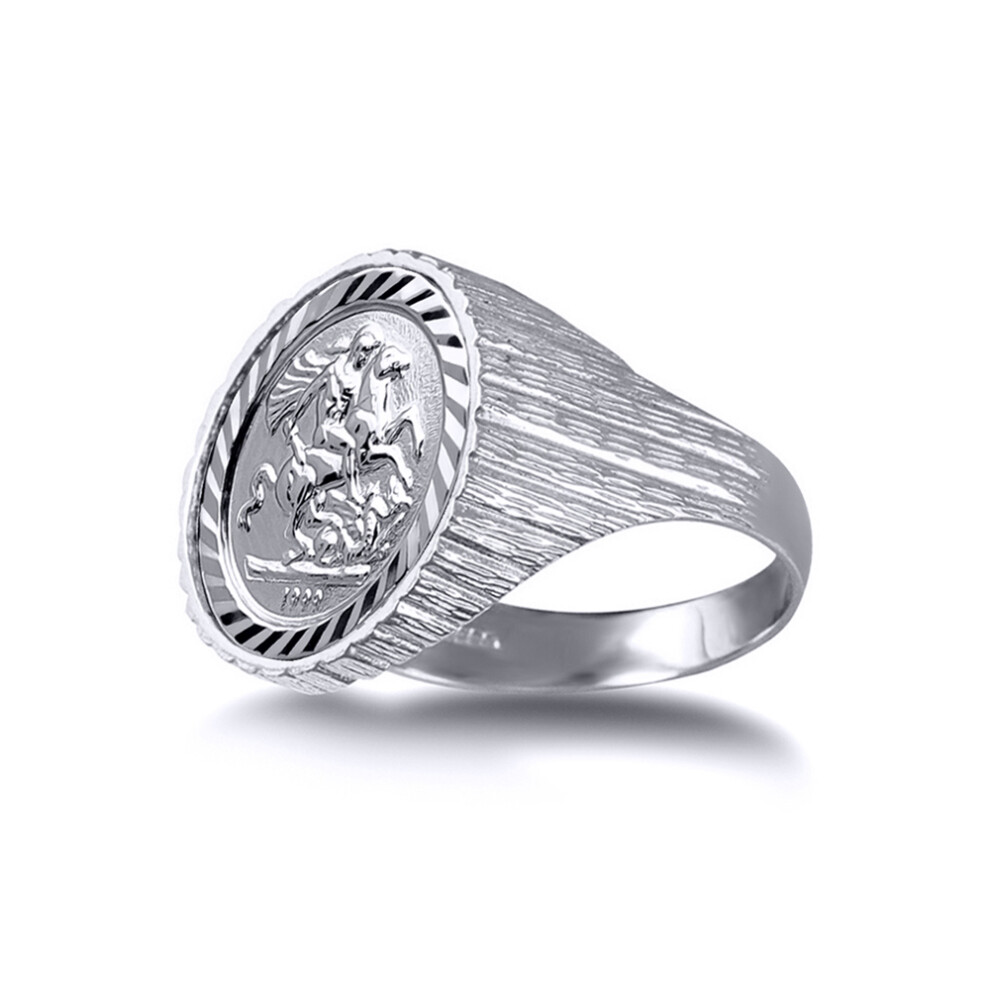 (K) Jewelco London Men's Solid Sterling Silver Ribbed Barked St George & Dragon Medallion Ring (10th Ounce Coin Size) - ARN115-T-SG