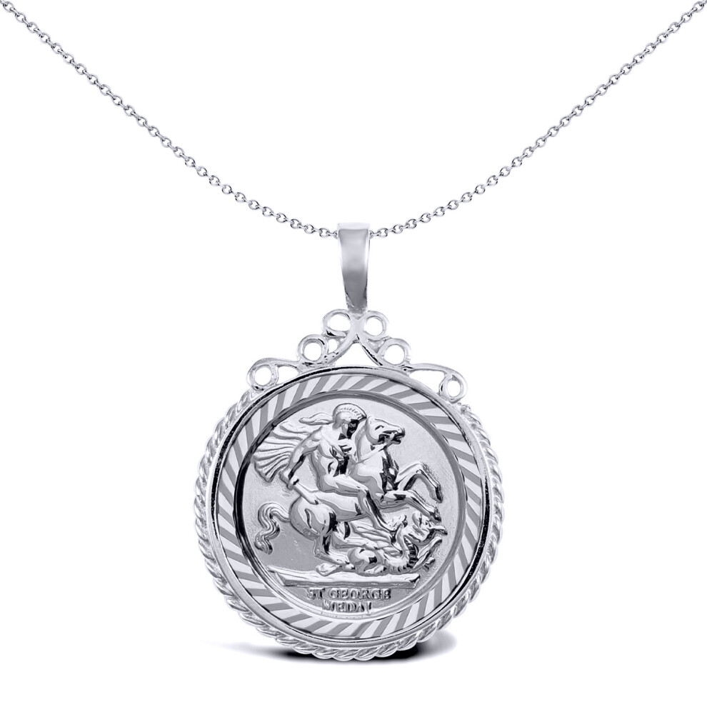 Jewelco London Unisex Rhodium Plated Sterling Silver Rope Edge Scroll Top St George & Dragon Medallion Pendant, (Half Sov Size) - ASP003-H-SG