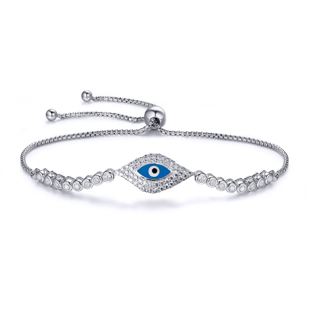 Jewelco London Rhodium Sterling Silver CZ Anti Evil Eye Eternity Line Cluster 1mm Adjustable Slider Bracelet, 8.5" - ABB176