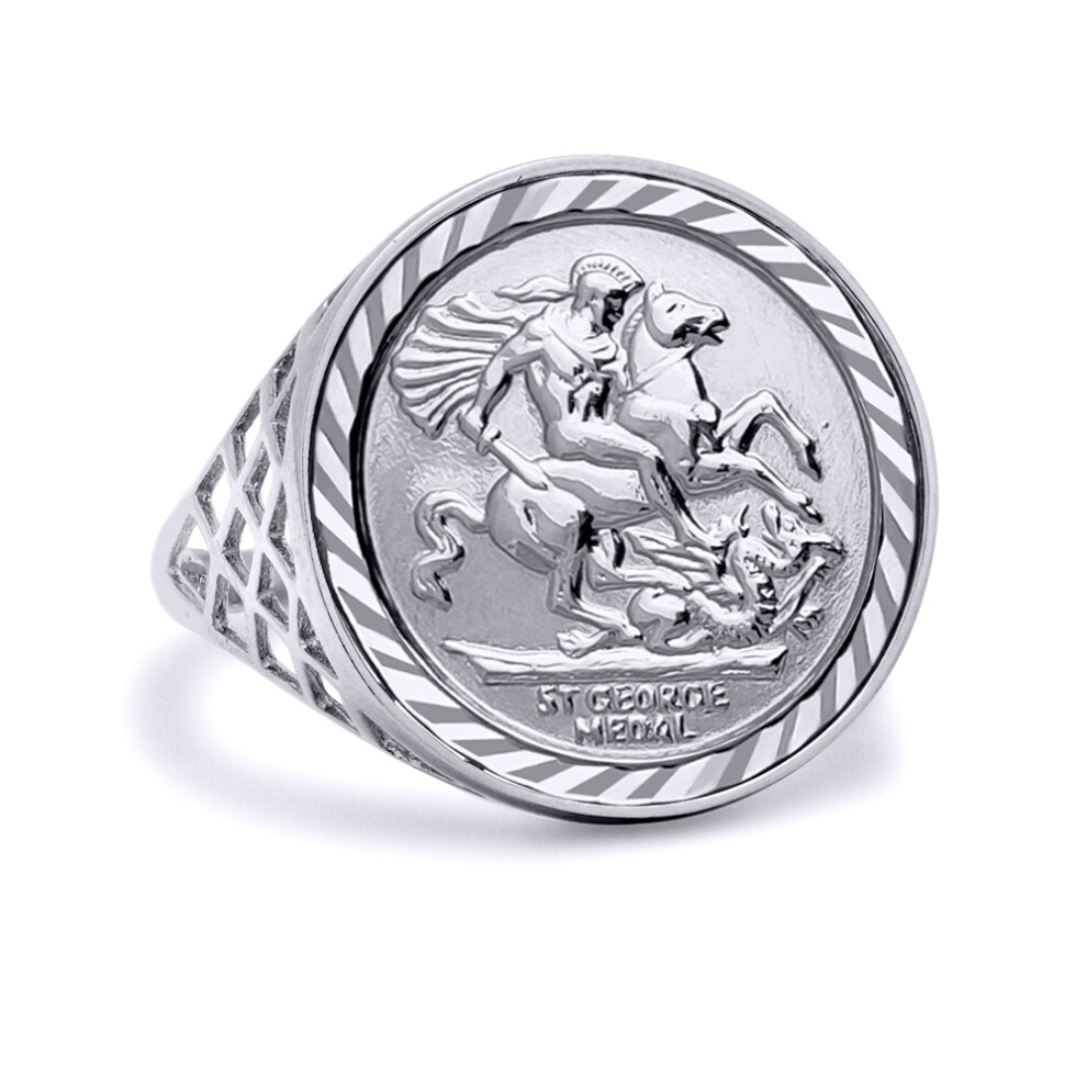 (Q) Jewelco London Mens Solid Sterling Silver St George Dragon Slayer Basket Full-Sovereign-Size Ring (not a sovereign coin)