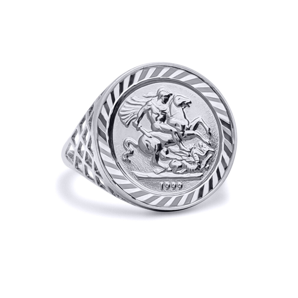 (L) Jewelco London Men's Solid Sterling Silver St George Dragon Slayer Basket Tenth-Krugerrand-Size Ring