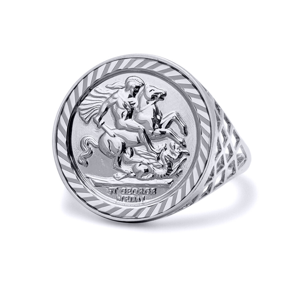 (S) Jewelco London Mens Solid Sterling Silver St George Dragon Slayer Basket Half-Sovereign-Size Ring (not a sovereign coin)