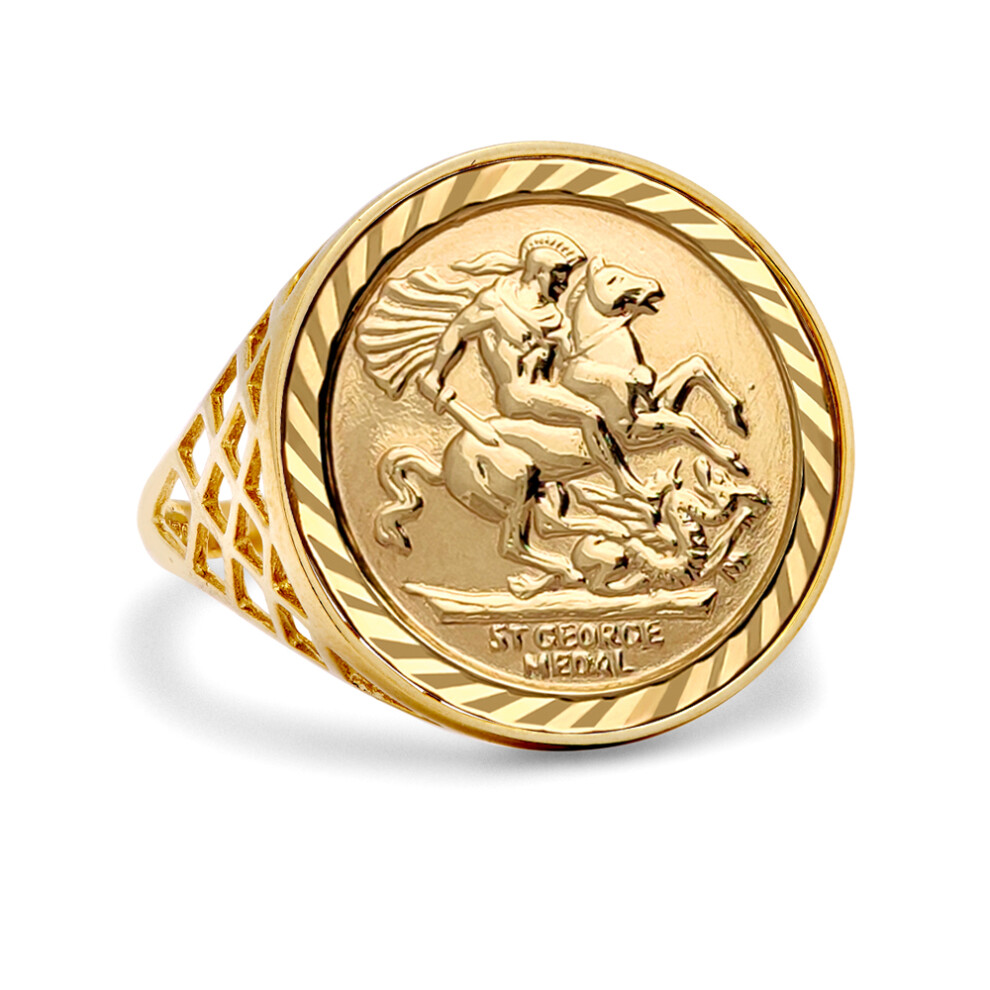 (S) Jewelco London Men's Solid 9ct Yellow Gold St George Dragon Slayer Basket Full-Sovereign-Size Ring