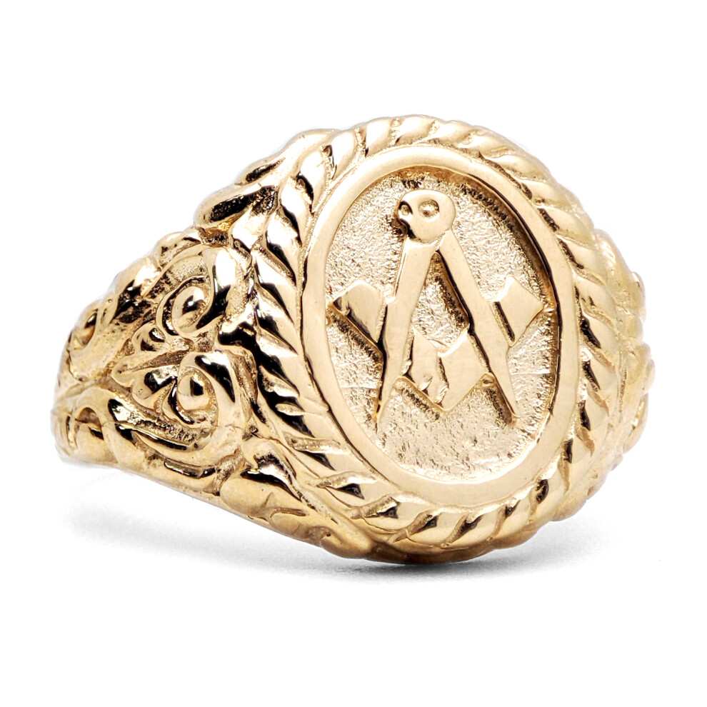 (R) Jewelco London Men's Solid 9ct Yellow Gold Rope Edge Carved Oval Masonic Ring - JMS014