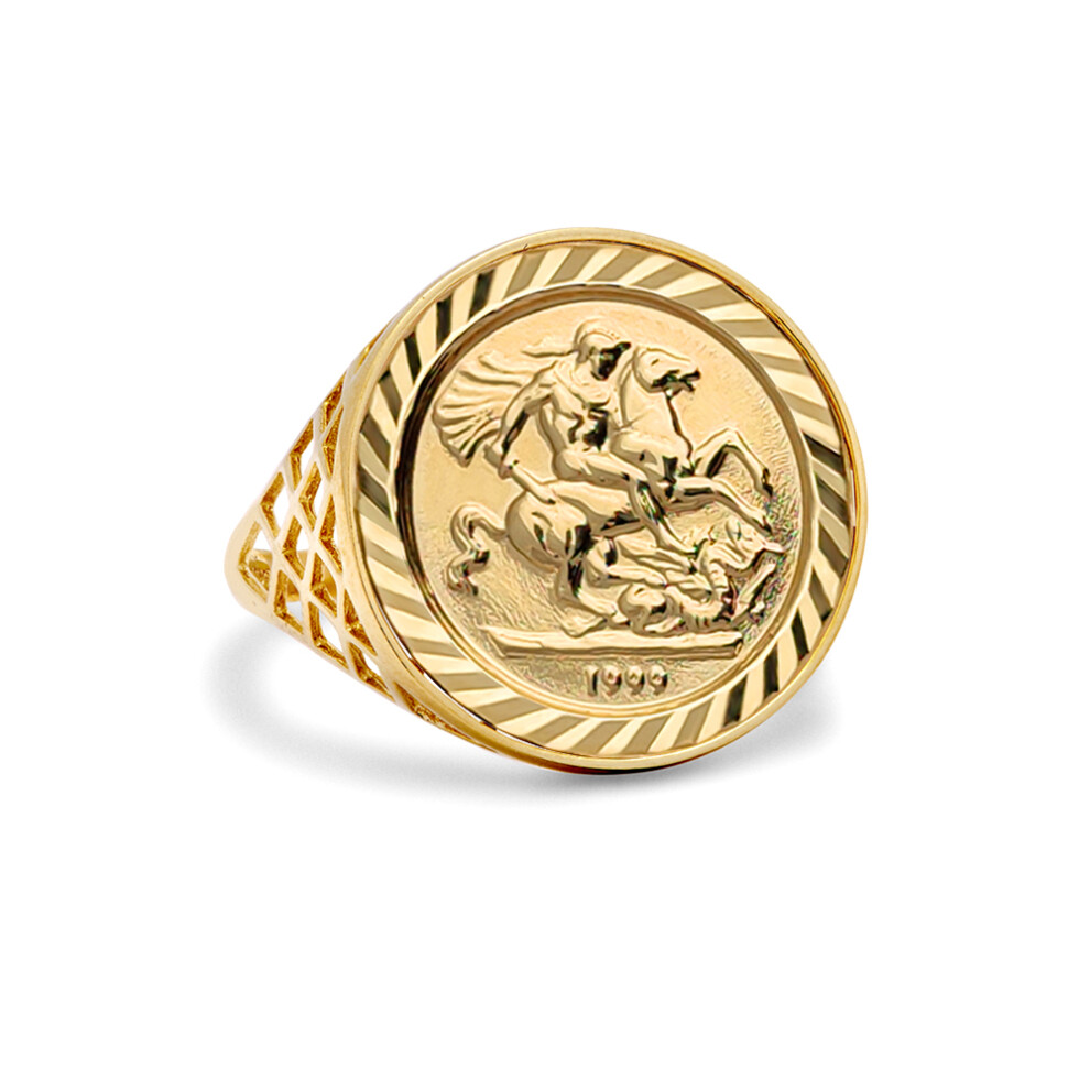 (I) Jewelco London Men's Solid 9ct Yellow Gold St George Dragon Slayer Basket Tenth-Krugerrand-Size Ring