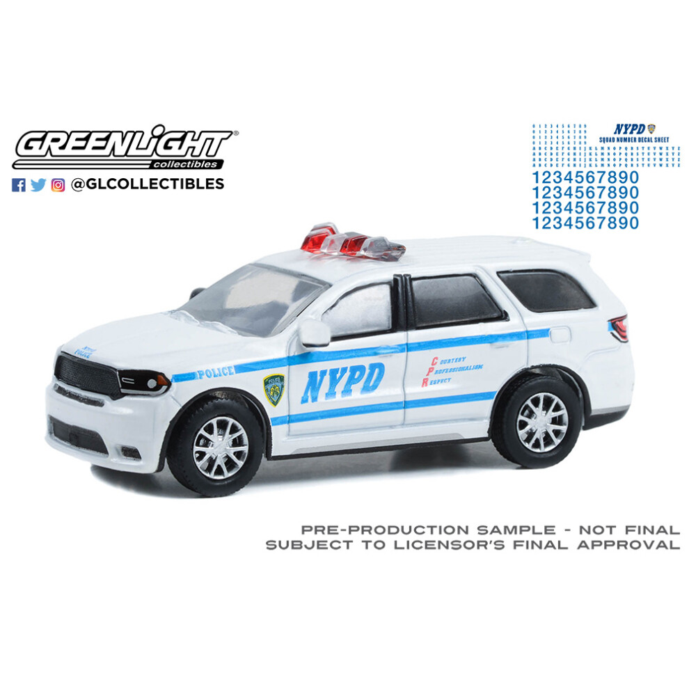 Greenlight 42775 1/64 Hot Pursuit 2019 Dodge Durango New York City Police Dept (NYPD) with NYPD Squad Number Decal Sheet (Hobby Exclusive)