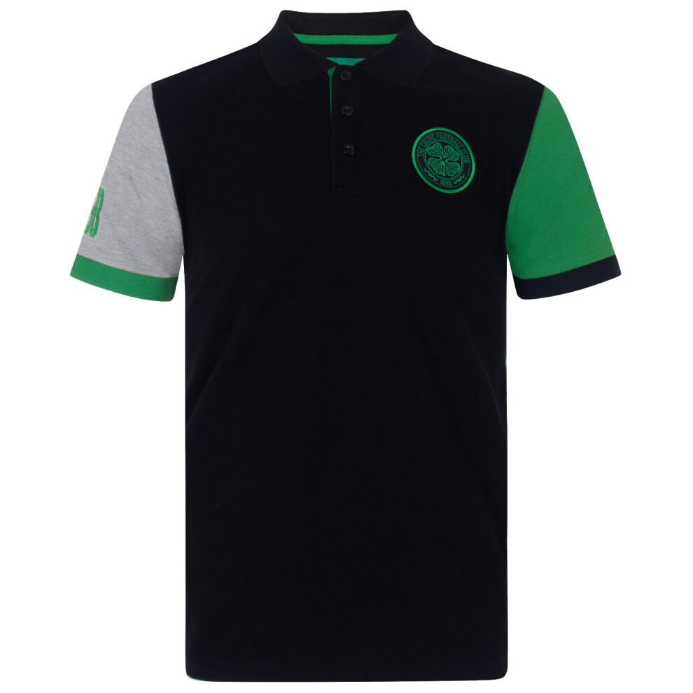 (Black Contrast Sleeve, Small) Celtic FC Official Football Gift Mens Crest Polo Shirt