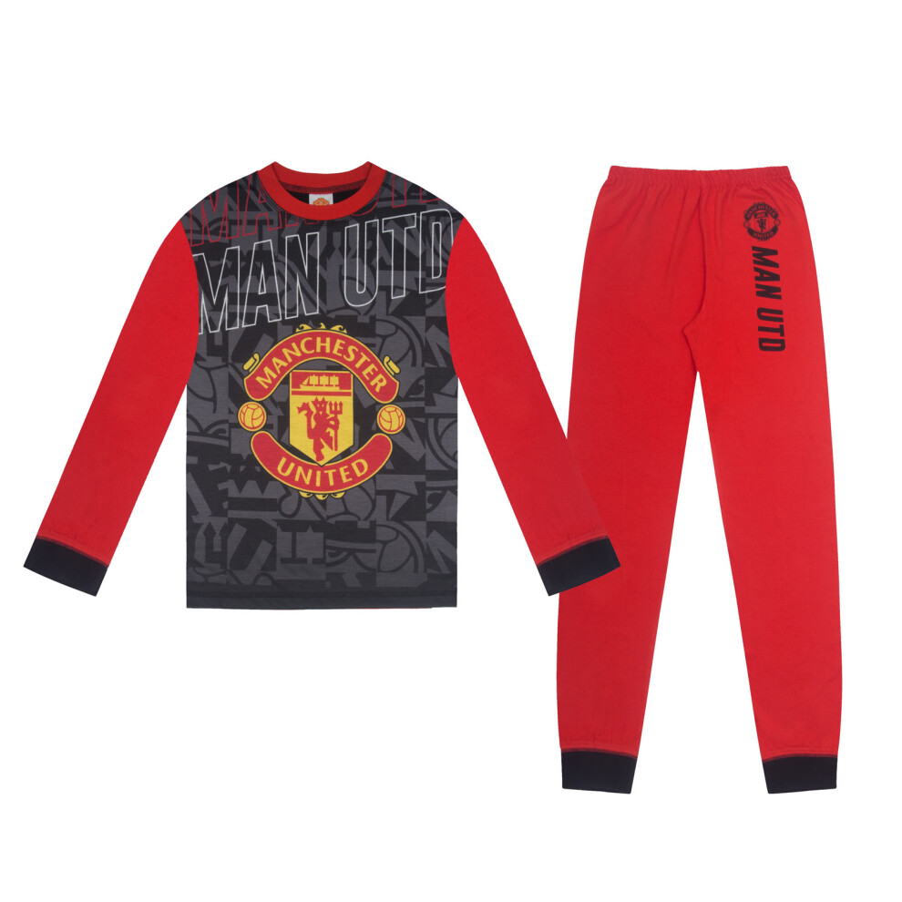 (Red/Black Cuff, 13-14 Years) Manchester United Boys Pyjamas Long Sublimation Kids OFFICIAL Football Gift