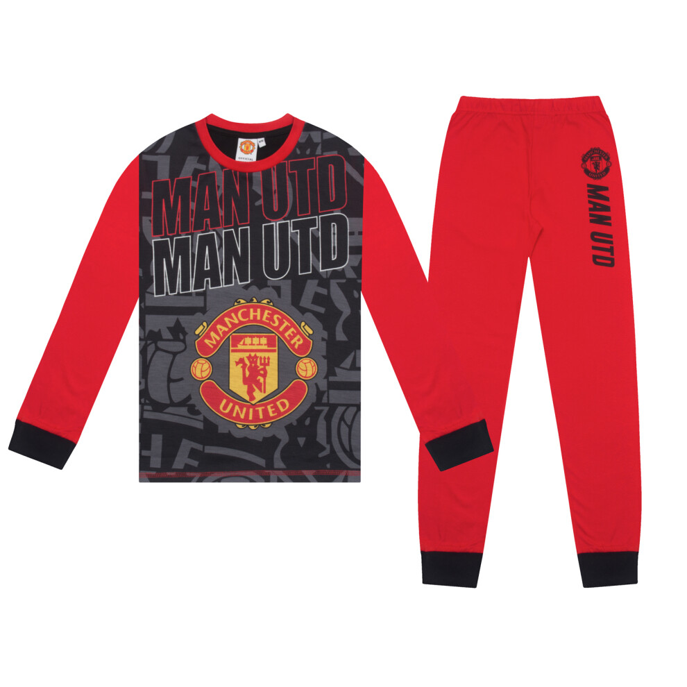 (Black Red, 11-12 Years) Manchester United Boys Pyjamas Long Sublimation Kids OFFICIAL Football Gift