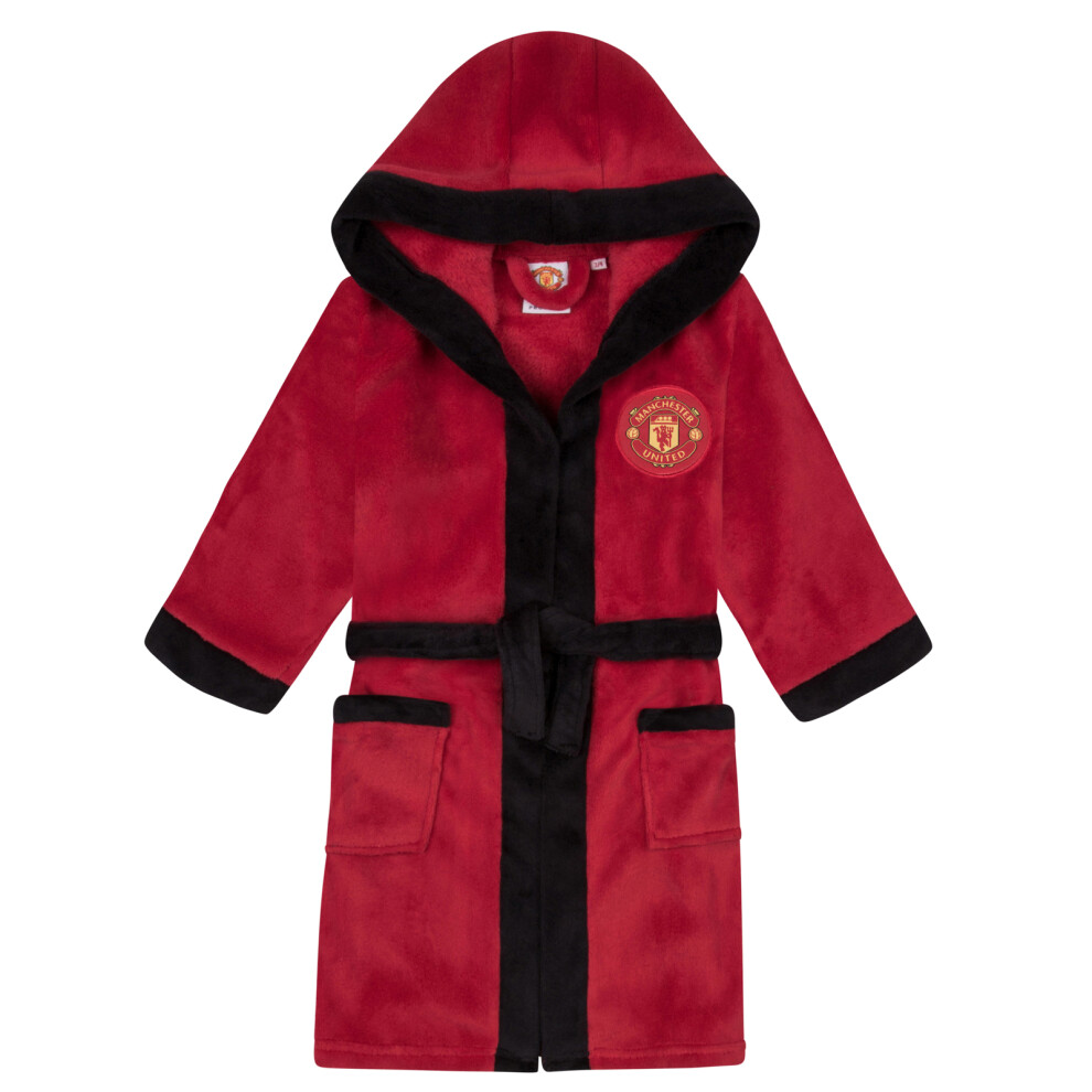 (Red, 7-8 Years) Manchester United FC Official Football Boys Hooded Fleece Dressing Gown Robe