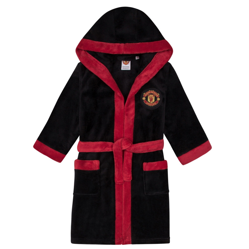 (Black, 13-14 Years) Manchester United FC Official Football Boys Hooded Fleece Dressing Gown Robe