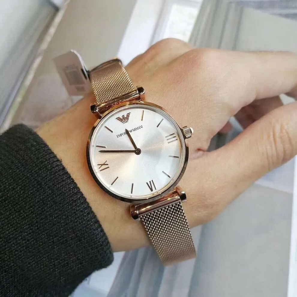 EMPORIO ARMANI WOMEN'S WATCH AR1956 ROSE GOLD BAND SILVER DIAL ROSE