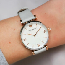 EMPORIO ARMANI WOMEN'S WATCH AR1965 GREY STRAP WHITE DIAL SILVER CASE