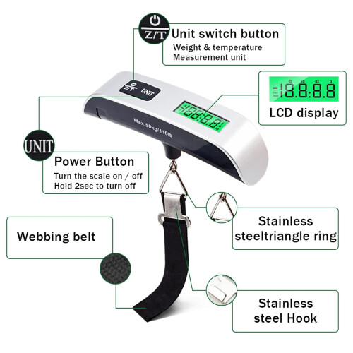 Digital Luggage Scale, Handheld Suitcase Scale with Backlit LCD Display, 110 lbs/50kg with Temperature Sensor for Travel 2