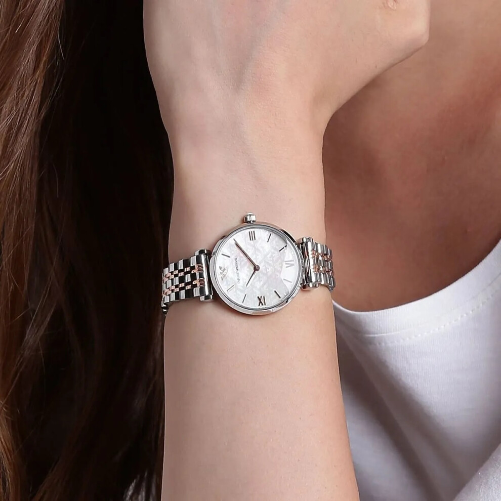 EMPORIO ARMANI WOMEN'S WATCH AR1987 SILVER GOLD STRAP WHITE DIAL