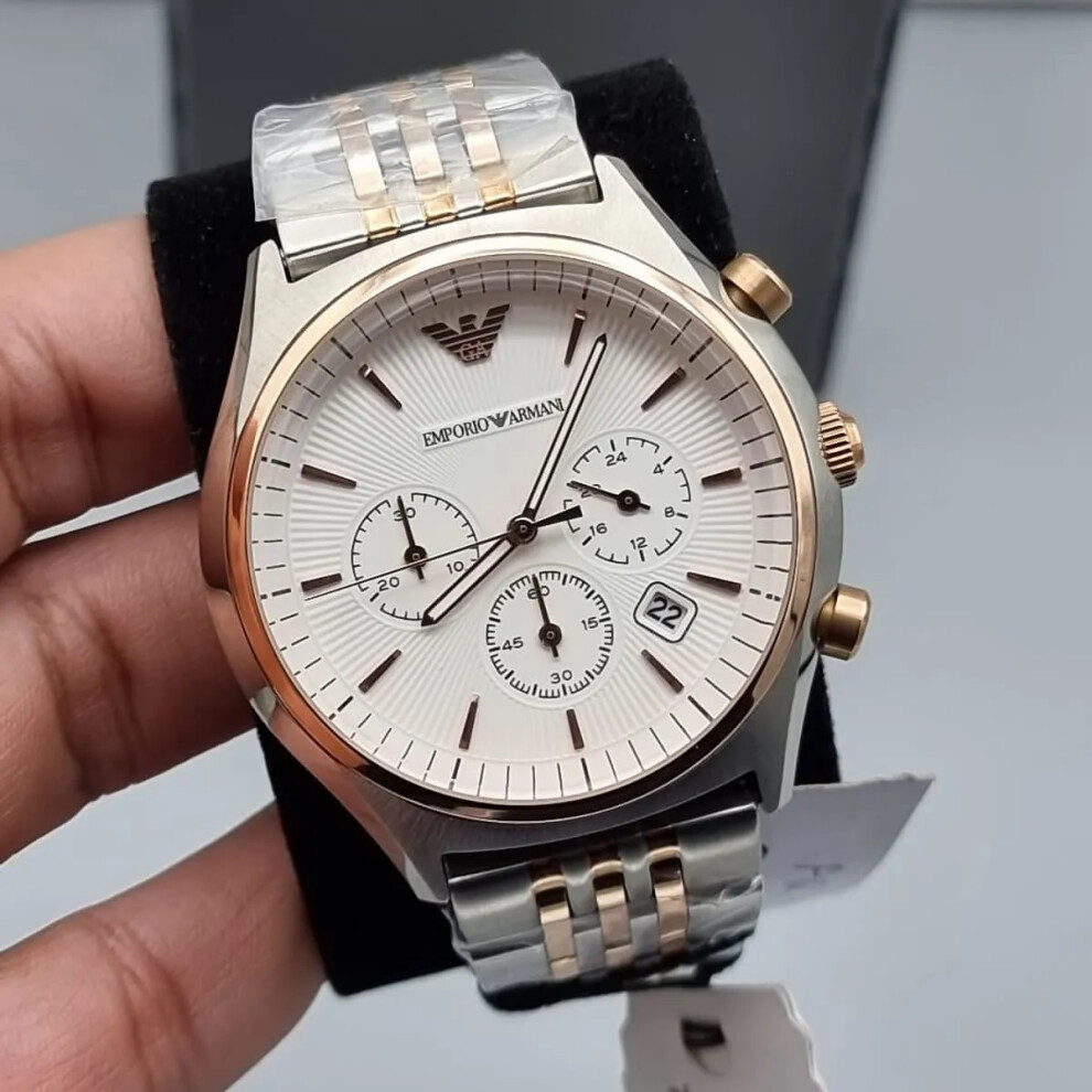 EMPORIO ARMANI MEN'S WATCH AR1998 SILVER ROSE GOLD STRAP WHITE DIAL