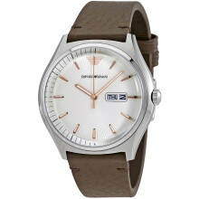 EMPORIO ARMANI MEN'S WATCH AR1999 BROWN STRAP WHITE DIAL SILVER CASE