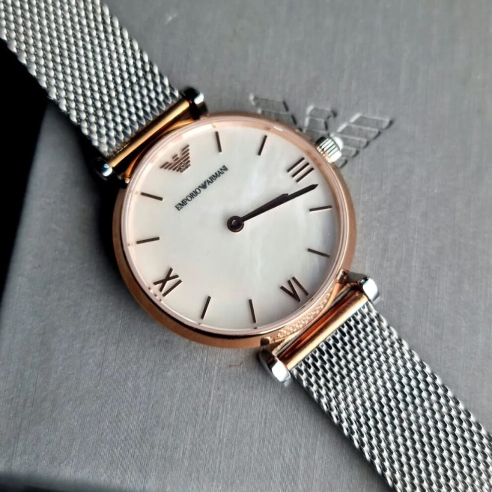 ARMANI WOMEN'S WATCH AR2067 SILVER BAND WHITE DIAL ROSE GOLD CASE