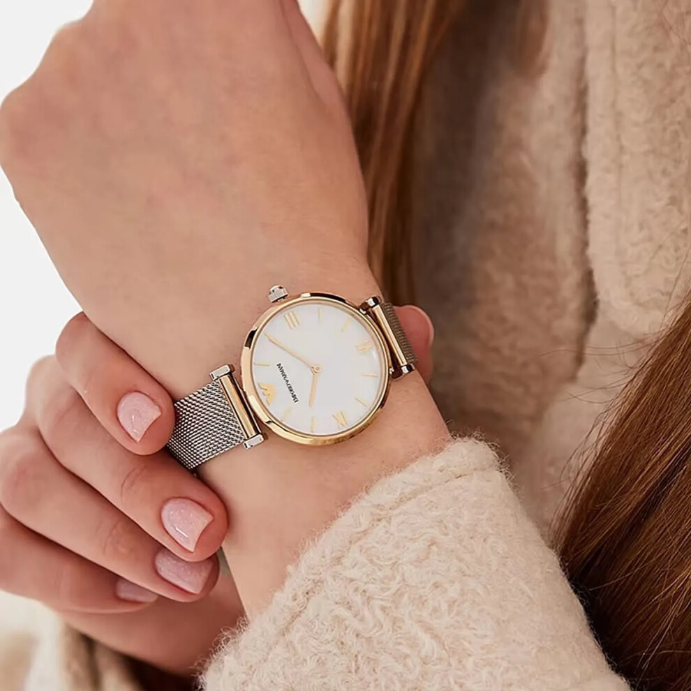 EMPORIO ARMANI WOMEN'S WATCH AR2068 SILVER BAND WHITE DIAL GOLD CASE