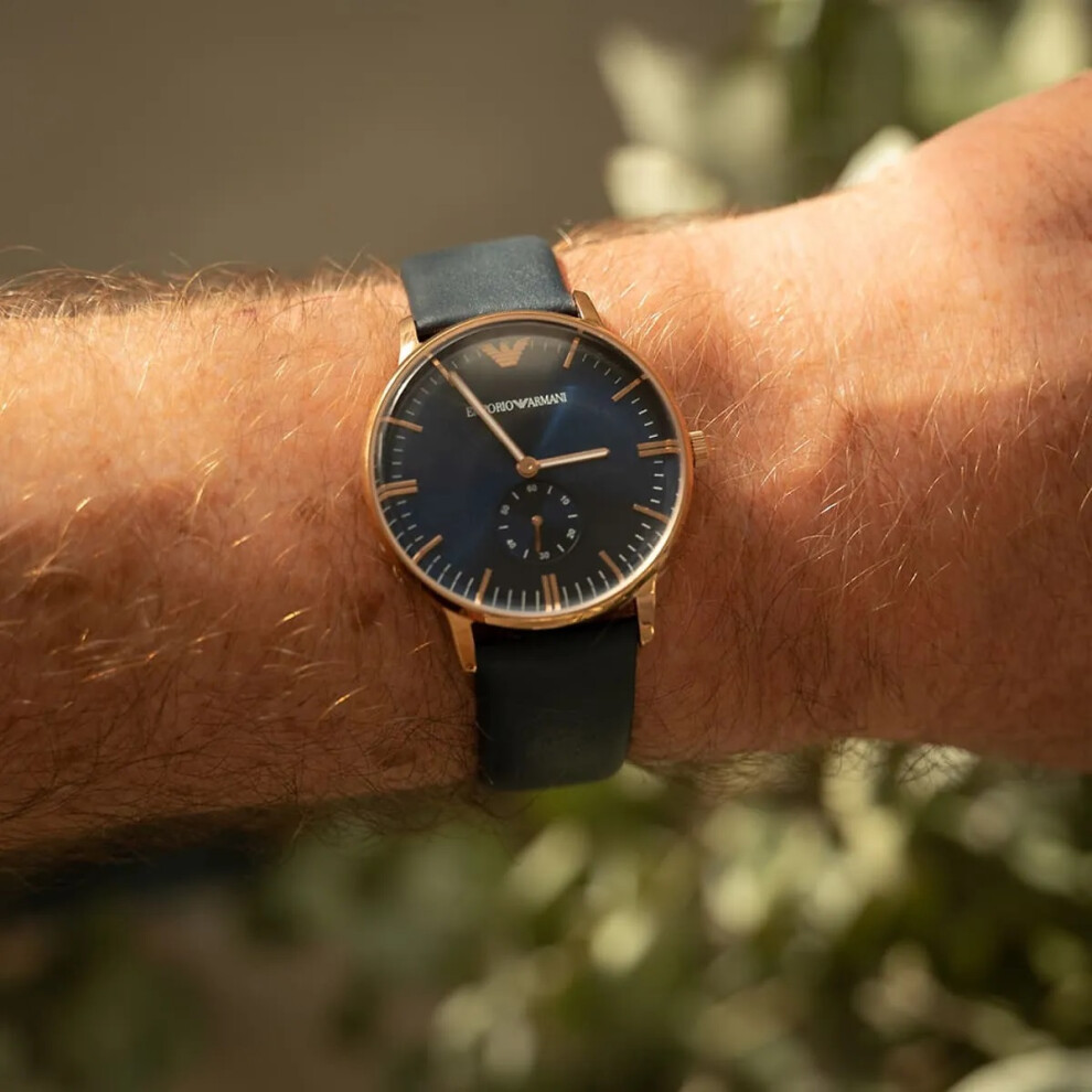 EMPORIO ARMANI MEN'S WATCH AR2071 BLUE STRAP BLUE DIAL ROSE GOLD CASE
