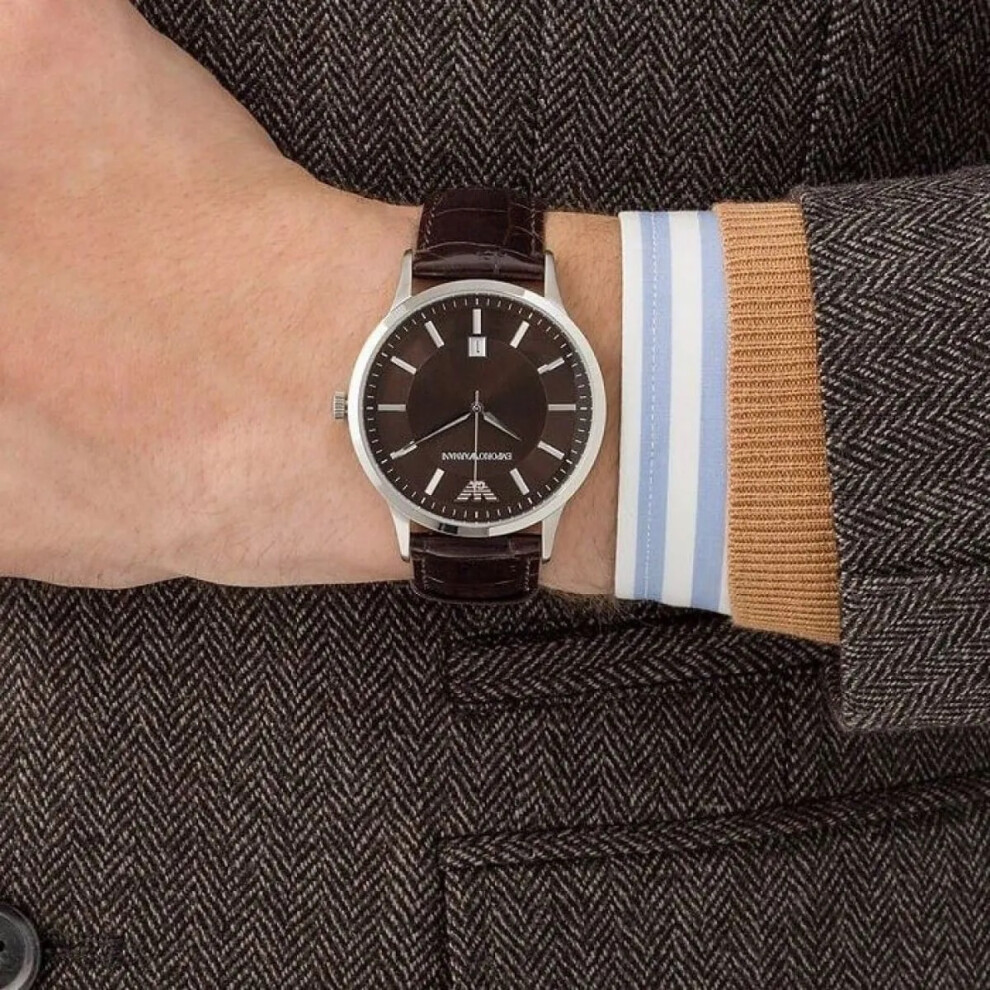 EMPORIO ARMANI MEN'S WATCH AR2413 BROWN STRAP BROWN DIAL SILVER CASE