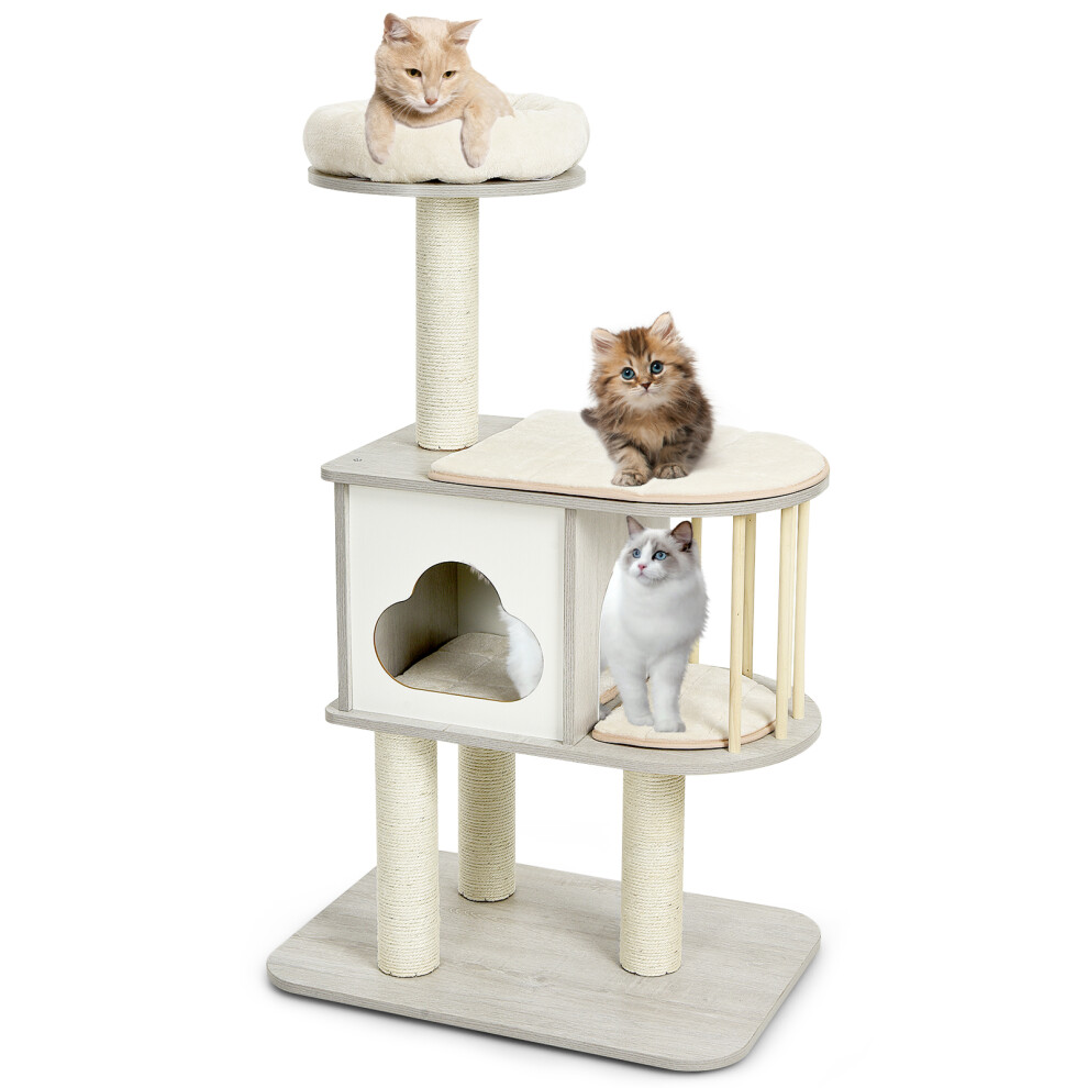 Wooden Cat Tower 4-Tier Cat Tree Climbing Play Center w/ Sisal Posts