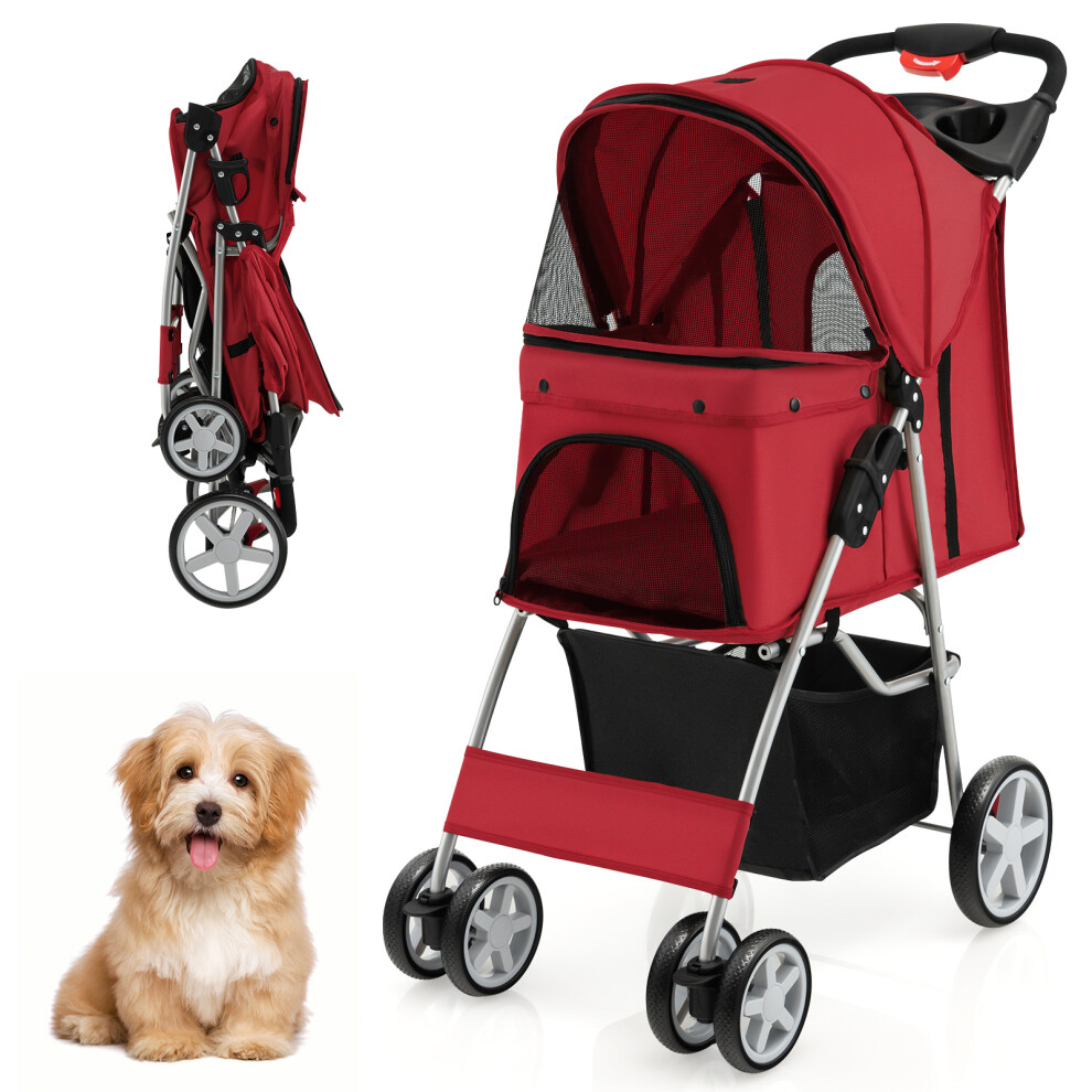 Folding Pet Stroller Portable Pet Travel Pushchair 4 Wheels