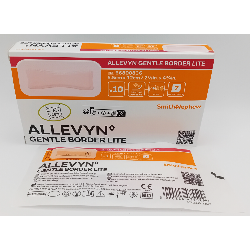 Allevyn Gentle Border Lite 5.5cm x 12cm Box of 10 - REF: 66800836